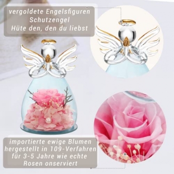 ANLUNOB Forever Rose in Engelsfigur aus Glas in Glaskuppel - ewige rosa Rose Blume handgemacht - Geschenk für Frauen Freundin Mutter zu Muttertag Valentinstag Geburtstag (10.5,6.5cmx7,5cm) - 6