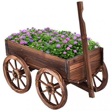COSTWAY Blumenwagen Holz, Pflanzwagen 4 Rädern, Blumenkarre Pflanztopf Bollerwagen Garten Dekoration braun 120x43x53,5cm - 1