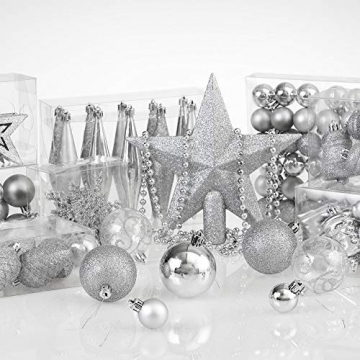 Deuba Weihnachtskugeln 102er Set Kunststoff Weihnachtsdeko matt Glanz Baumspitze Christbaumkugeln Ø 3 4 6 cm Silber - 8