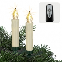 Hellum 524789 LED Weihnachtsbaumkerzen kabellos, 12x LED Kerzen mit Fernbedienung, Leuchtfarbe wählbar, batteriebetriebene 10x1,5cm Christbaumkerzen ohne Kabel, dimmbar mit Flackermodus, Wachstropfen - 1