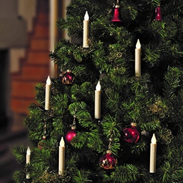 Hellum 524789 LED Weihnachtsbaumkerzen kabellos, 12x LED Kerzen mit Fernbedienung, Leuchtfarbe wählbar, batteriebetriebene 10x1,5cm Christbaumkerzen ohne Kabel, dimmbar mit Flackermodus, Wachstropfen - 6