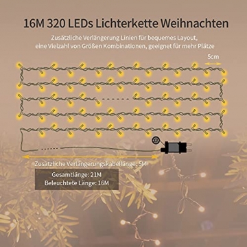 LED Lichterkette Außen, 16M 320 LEDs Cluster Weihnachtsbeleuchtung mit 8 modis, IP44 Wasserdicht Lichterketten Strom Innen für Weihnachtsbaum, Balkon, Garten, Hochzeit Deko, Warmweiß - 6