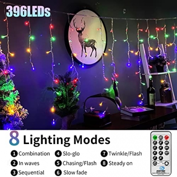 Lichterkette Eisregen Außen, 10M 396 LED Erweiterbar Eiszapfen Lichtervorhang Weihnachtsbeleuchtung mit 8 Beleuchtungsmodi und Timer, Wasserdicht Bunt Lichterkette mit Fernbedienung für Party, Balkon - 3