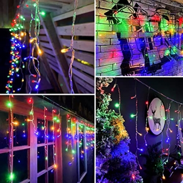 Lichterkette Eisregen Außen, 10M 396 LED Erweiterbar Eiszapfen Lichtervorhang Weihnachtsbeleuchtung mit 8 Beleuchtungsmodi und Timer, Wasserdicht Bunt Lichterkette mit Fernbedienung für Party, Balkon - 6