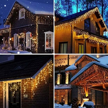 Qedertek 432 LED Eisregen Lichterkette Außen/innen, 10.8M Eisregen Lichtervorhang Weihnachtsbeleuchtung, 8 Modi, Timer, Dimmbar Lichterkette mit Fernbedienung, Weihnachts Deko, Balkon (Warmweiss) - 7