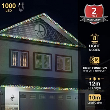 ANSIO® Lichterkette außen Innen 12m 1000 LED Cluster lichterkette Weihnachtsbaum Lichtketten Strom Für Weihnachten, balkon, fenster, Weihnachtsdekoration | Bunt Weihnachtsbeleuchtung | Grünes Kabel - 2