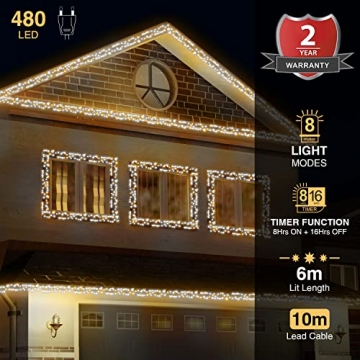 ANSIO® Lichterkette außen Innen 6m 480 LED Cluster lichterkette Weihnachtsbaum Lichtketten Strom Für Weihnachten, balkon, fenster, Weihnachtsdekoration | Kaltweiß & Warmweiß Weihnachtsbeleuchtung - 2