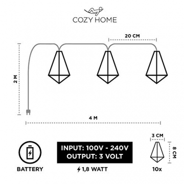 CozyHome Kupfer LED geometrische Lichterkette – 4 Meter Gesamtlänge | 10 LEDs warm-weiß | rose gold pyramidenform | Batteriebetrieben – 3x AA Batterien - 4