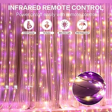 Vorhang Lichterkette, 3 x 3m 300 LED Fenster Lichter USB mit Strom versorgt mit Fernbedienung, 10 Haken Lichterkette Wasserdicht mit 8 Beleuchtungsmodi für Schlafzimmer Weihnachts Dekoration(Gelb) - 2