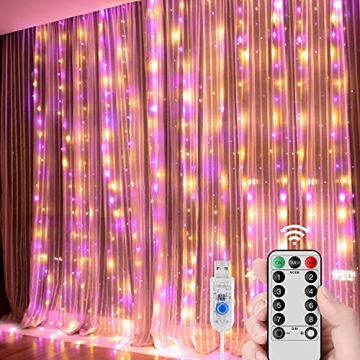 Vorhang Lichterkette, 3 x 3m 300 LED Fenster Lichter USB mit Strom versorgt mit Fernbedienung, 10 Haken Lichterkette Wasserdicht mit 8 Beleuchtungsmodi für Schlafzimmer Weihnachts Dekoration(Gelb) - 1